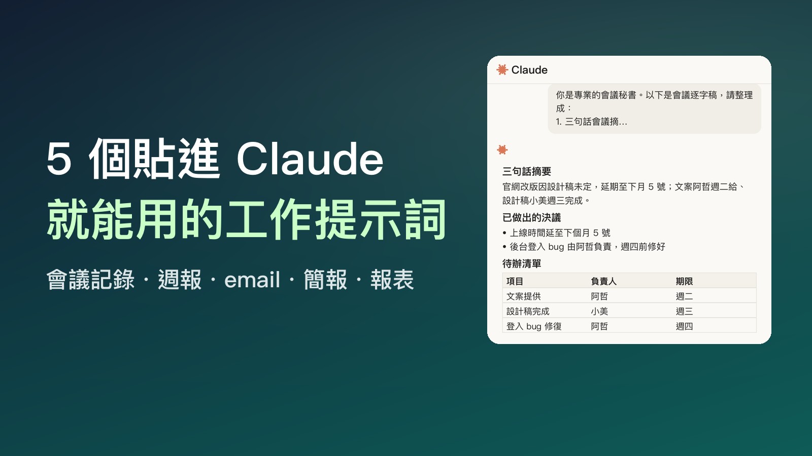 5 個貼進 Claude 就能用的工作提示詞（會議、週報、email、簡報、報表）